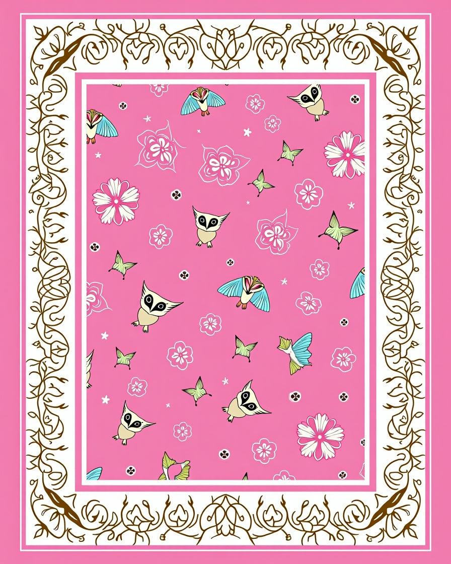 Pink Whimsical Owl Butterfly Floral Rug