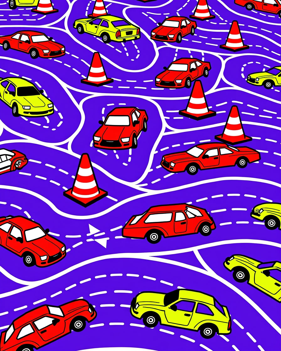 Red Yellow Cars Traffic Cones Rug
