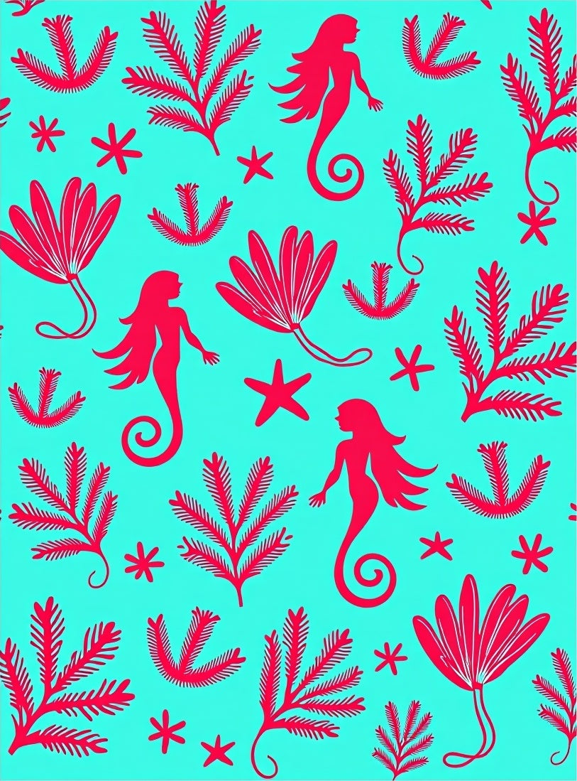 Aqua Mermaid Coral Starfish Silhouette Rug