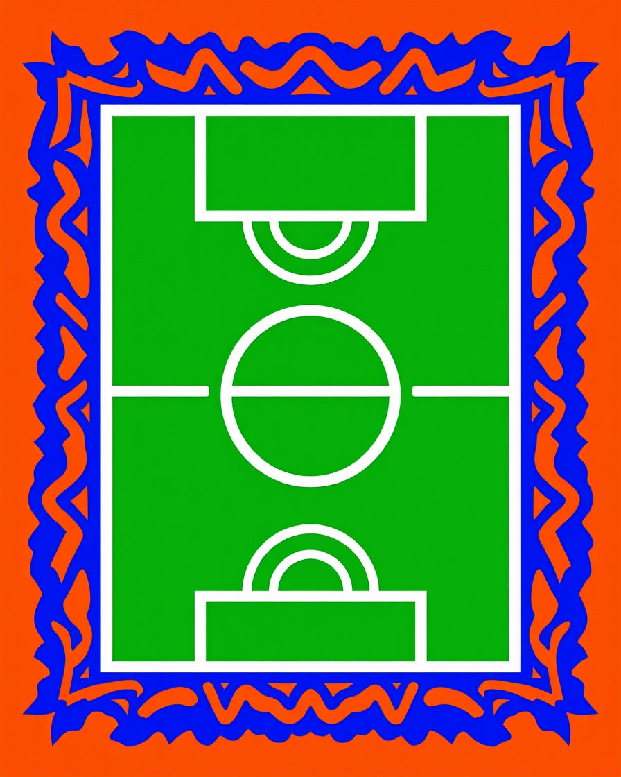 Green Football Field Orange Blue Border Rug