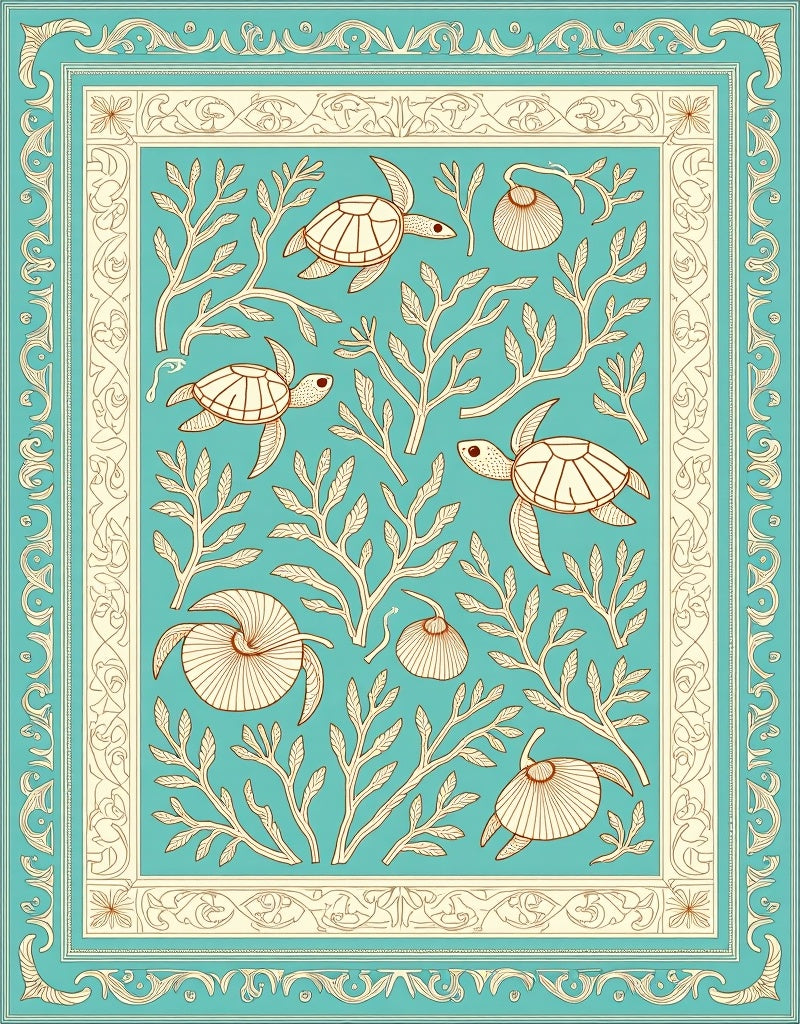 Teal Sea Turtle Coral Marine Life Rug