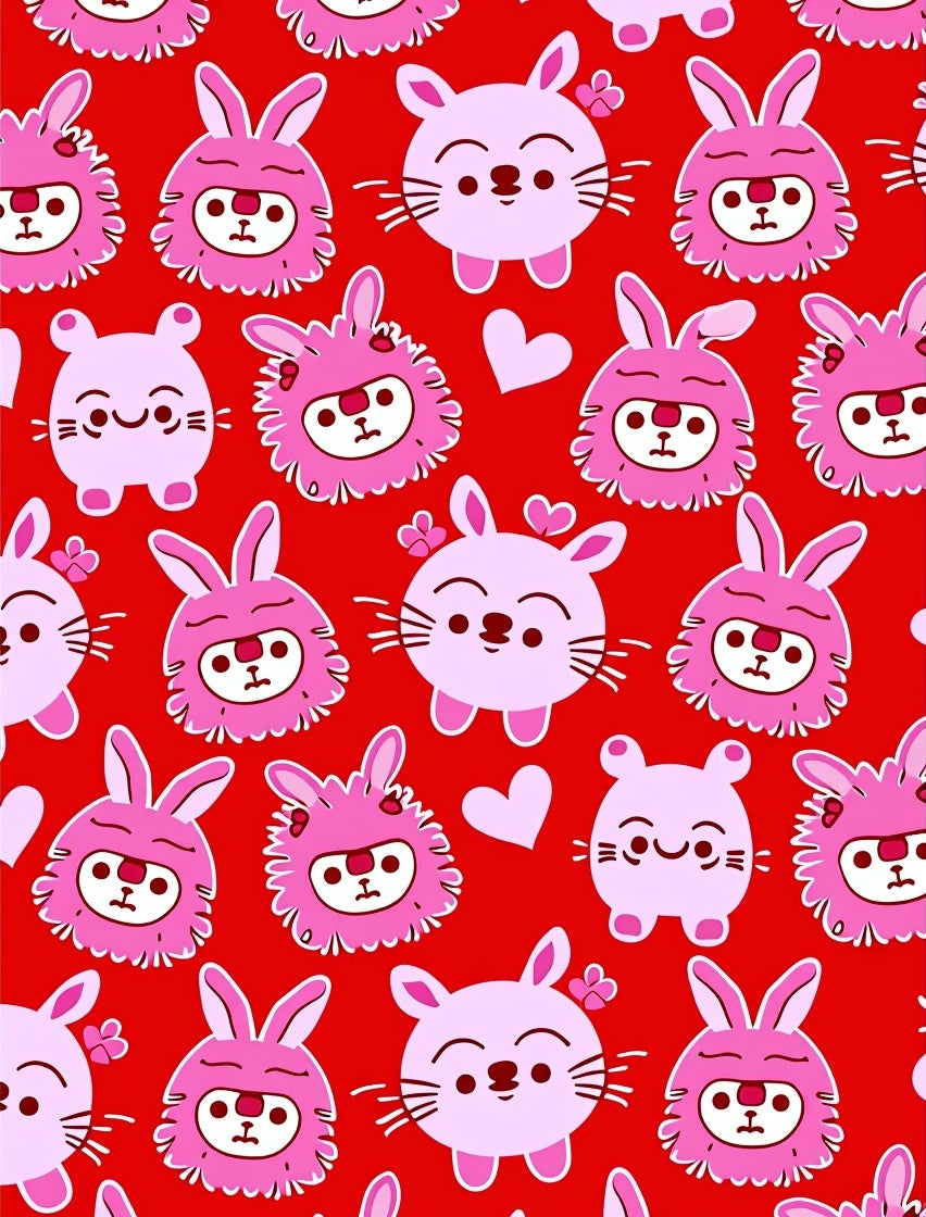 Cute Pink Bunny Hearts Red Seamless Rug