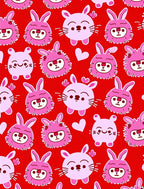 Cute Pink Bunny Hearts Red Seamless Rug
