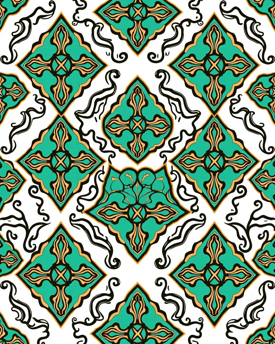 Emerald and Gold Arabesque Tile Rug