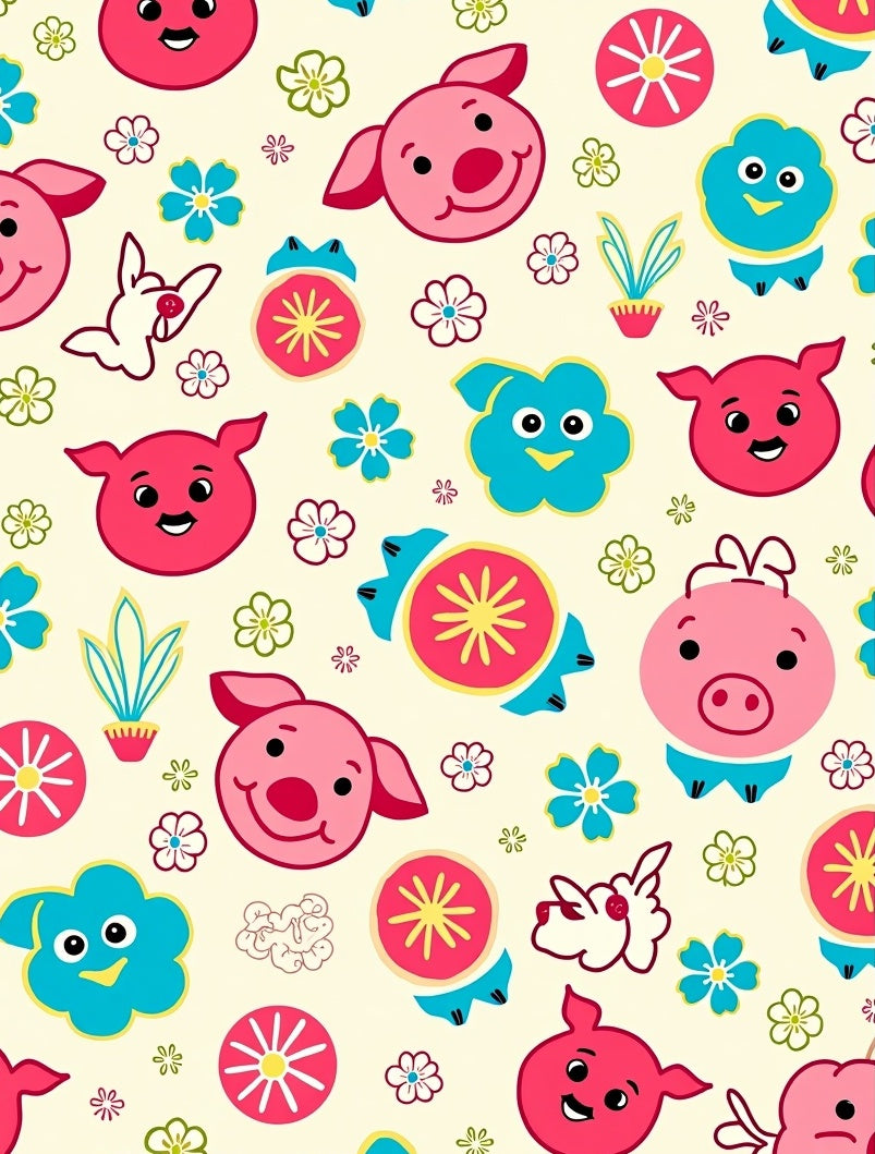 Playful Pink Blue Cartoon Piggy Flowers Rug