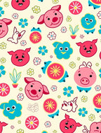 Playful Pink Blue Cartoon Piggy Flowers Rug