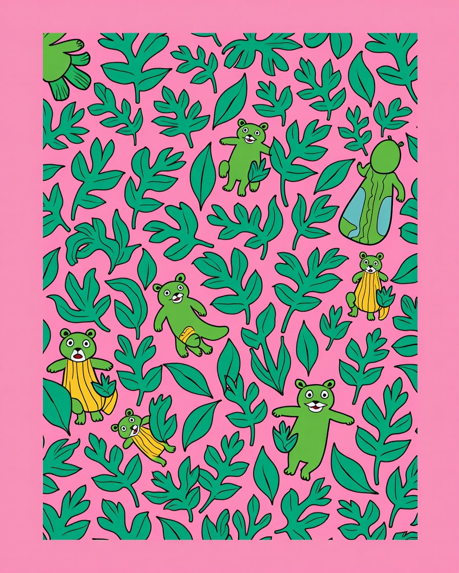 Green Bears Tropical Pink Jungle Rug