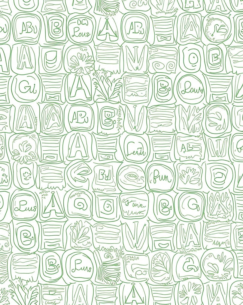 Green Hand Drawn Alphabet And Flora Rug