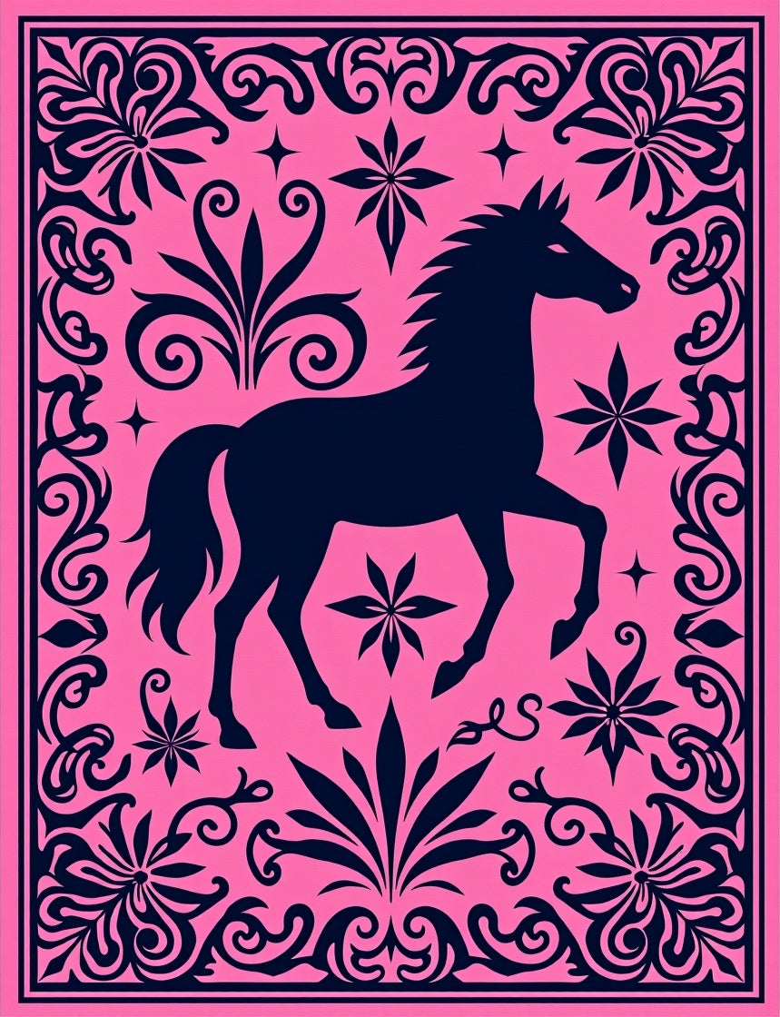 Hot Pink Navy Horse Floral Border Rug