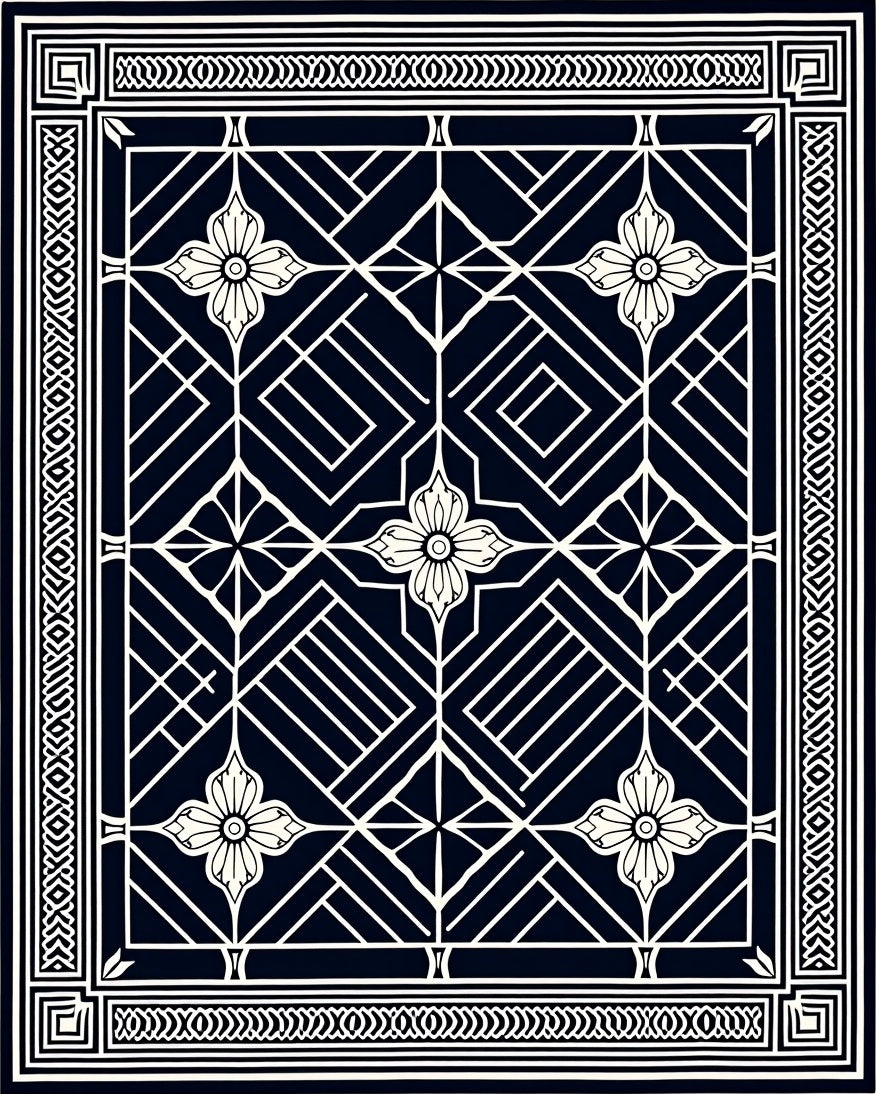 Art Deco Navy Blossom Geometric Border Rug