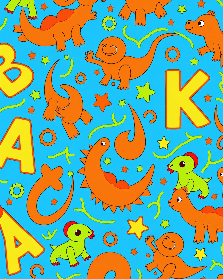 Cute Orange Green Dinosaurs Alphabet Rug