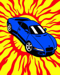 Vibrant Blue Sports Car Flames Rug