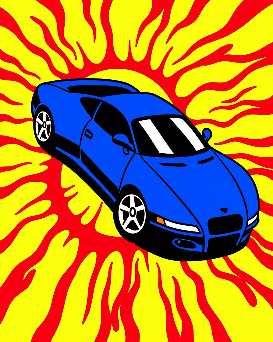 Vibrant Blue Sports Car Flames Rug