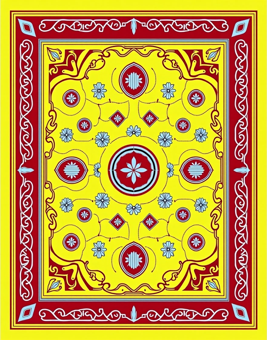 Vibrant Yellow Red Floral Medallion Rug