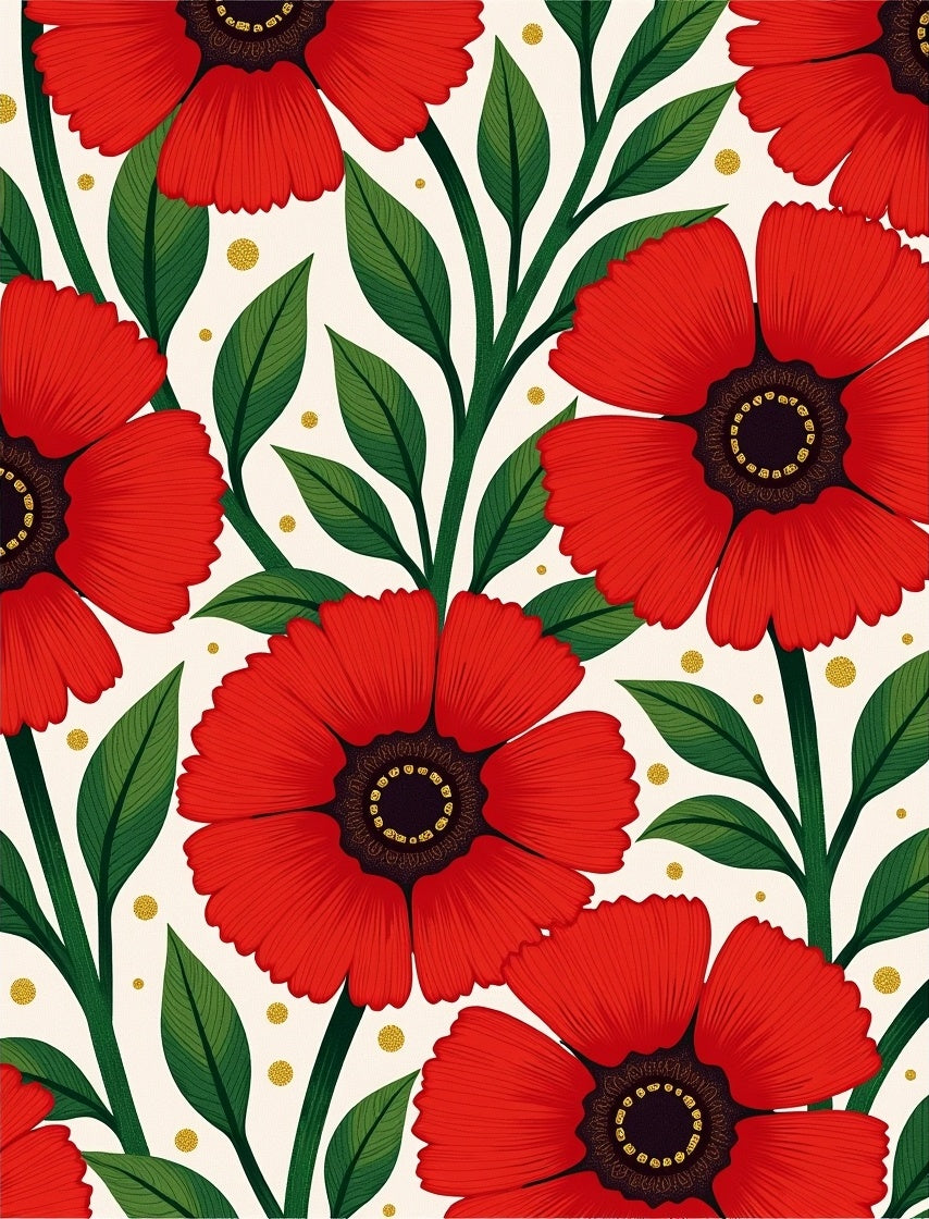 Vibrant Red Floral with Green Leaves Rug