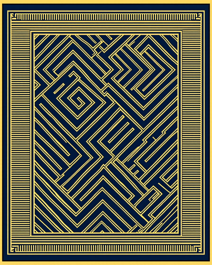 Deep Blue Golden Maze Frame Rug
