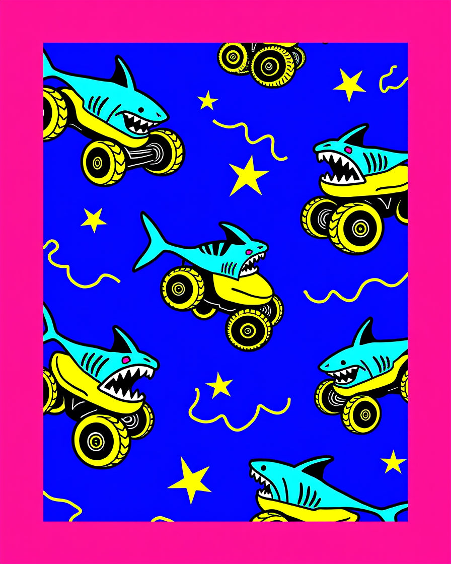 Awesome Shark Monster Truck Blue Field Rug