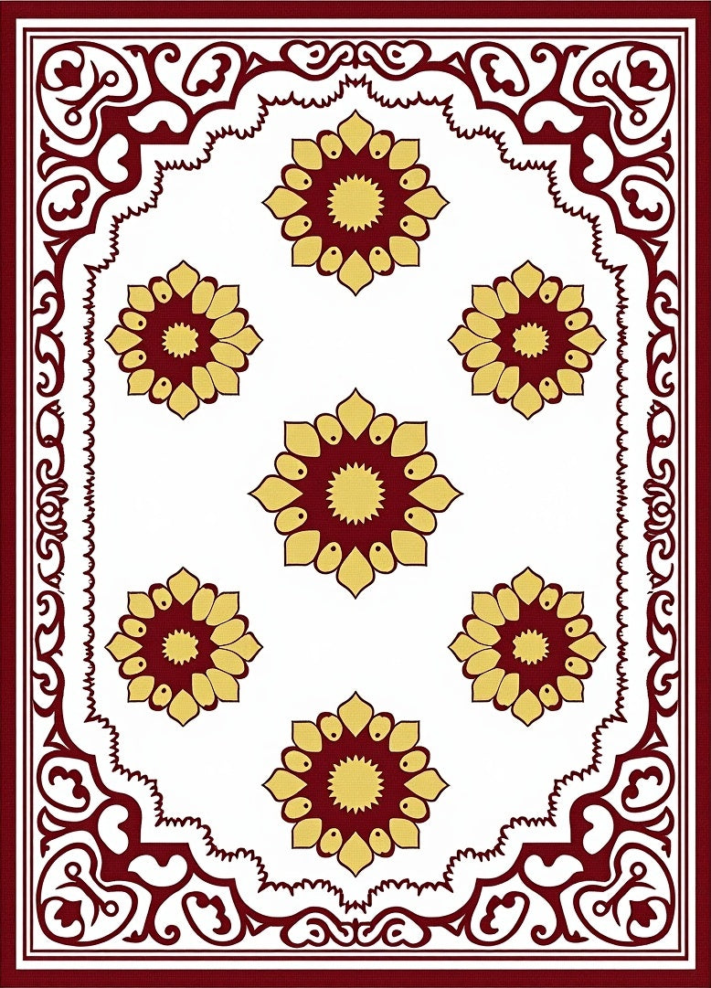 Deep Red Floral Blooms Border Rug