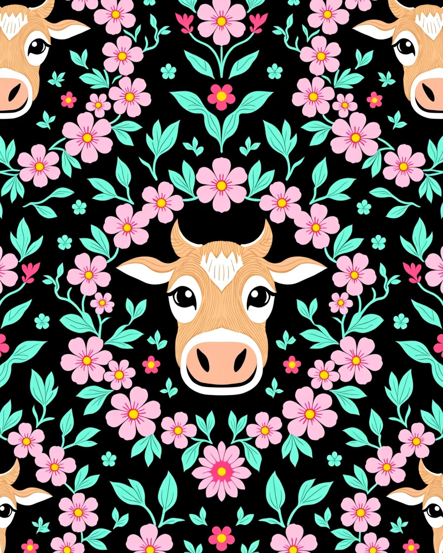Whimsical Pink Floral Cow Meadow Rug