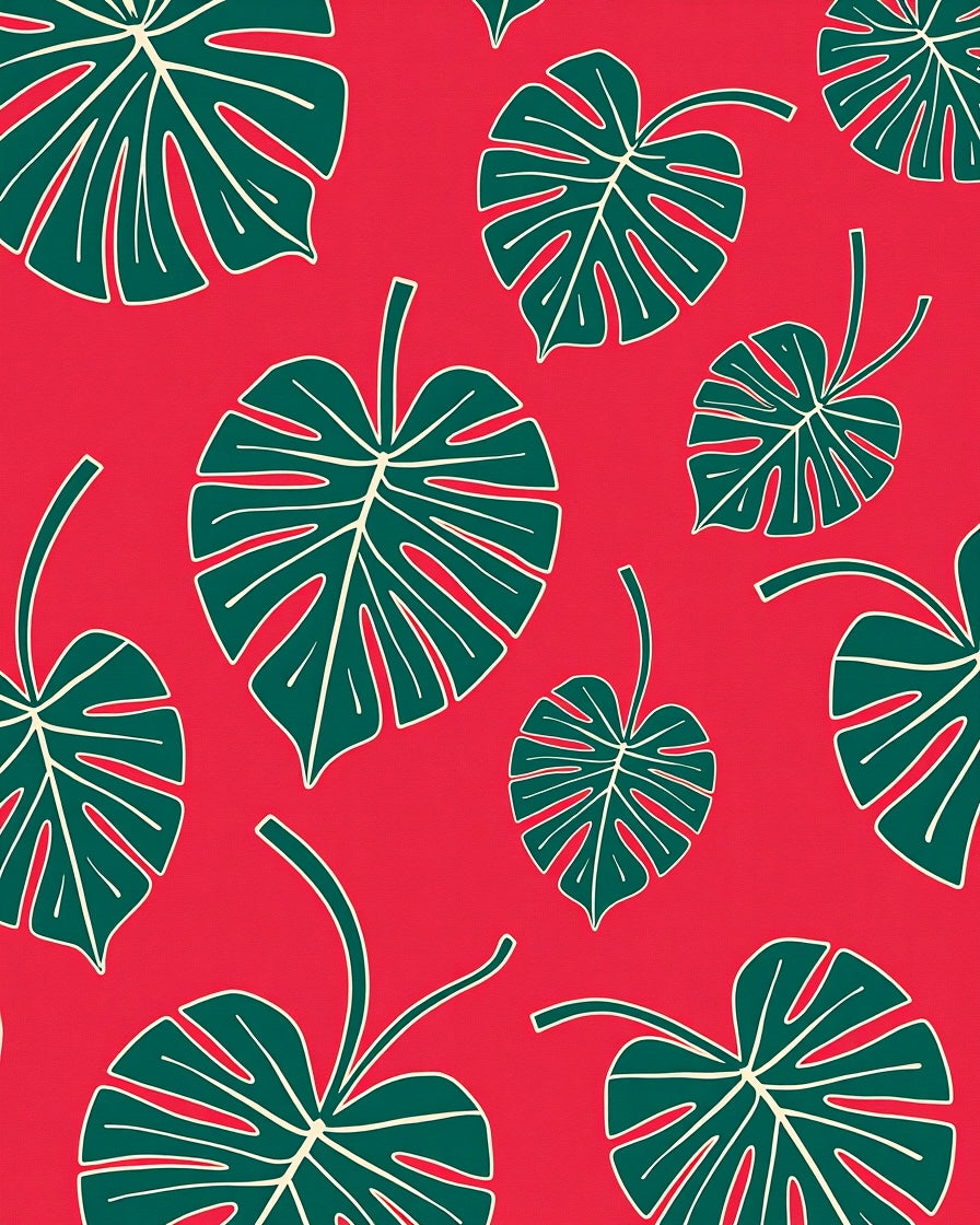 Tropical Teal Monstera Leaves Red Rug