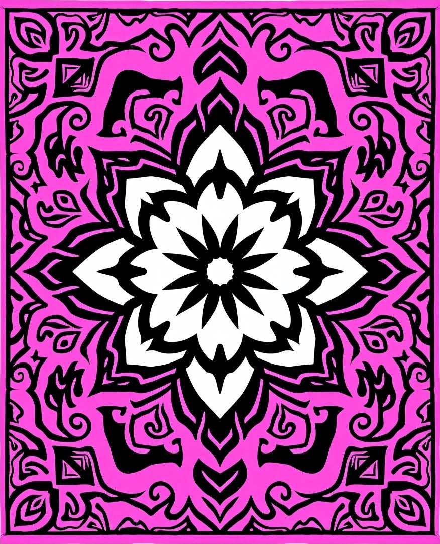 Vibrant Pink Black Mandala Ornament Rug