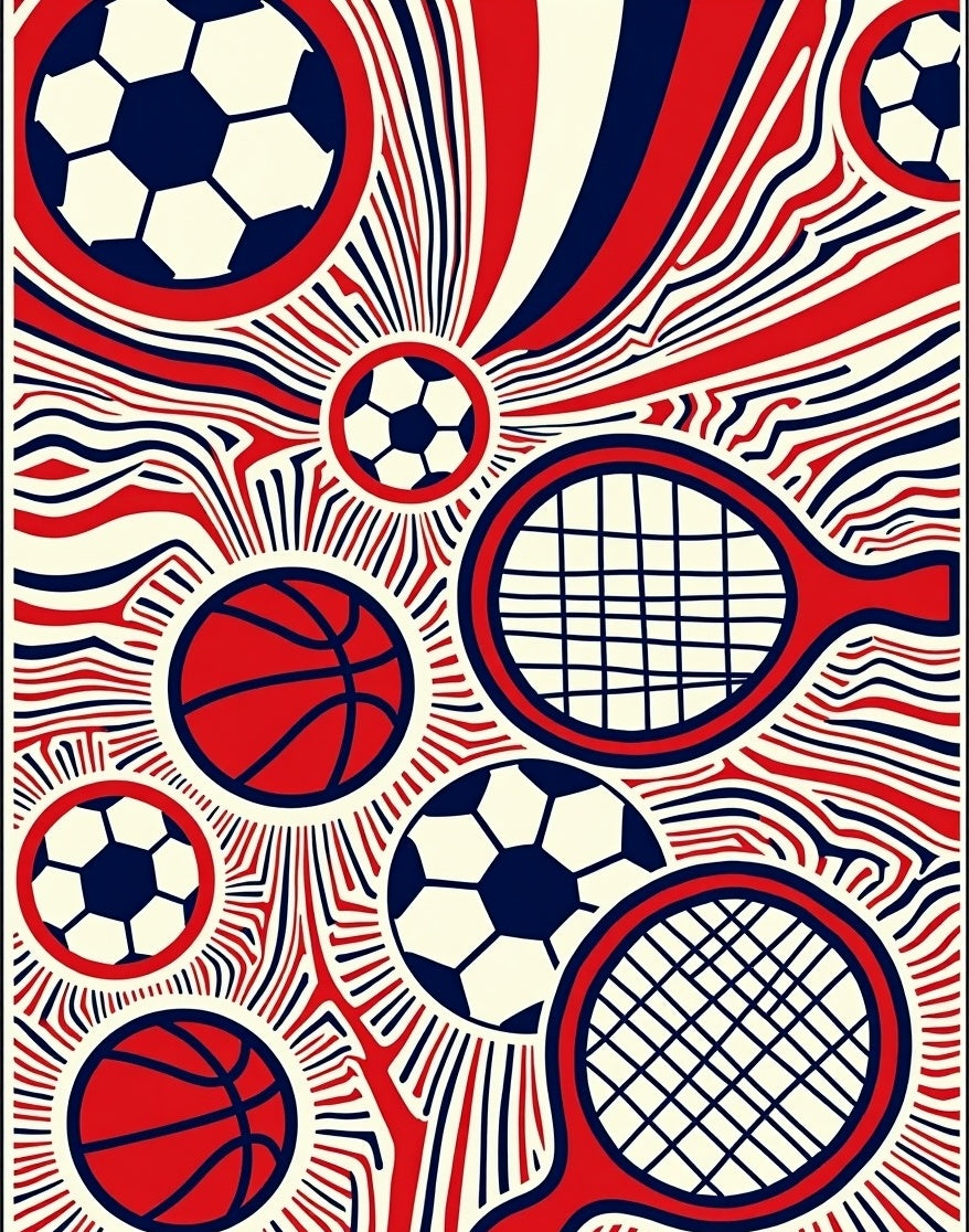 Red Blue White Sports Collage Rug