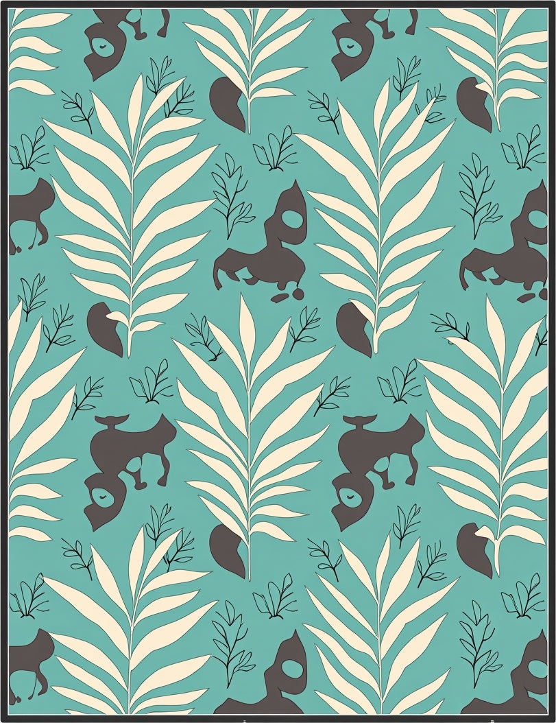 Aqua Cream Leaf Animal Silhouette Rug