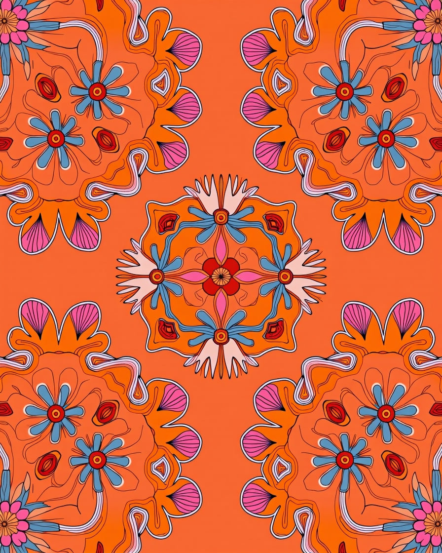 Retro Orange Floral Mandala Statement Rug