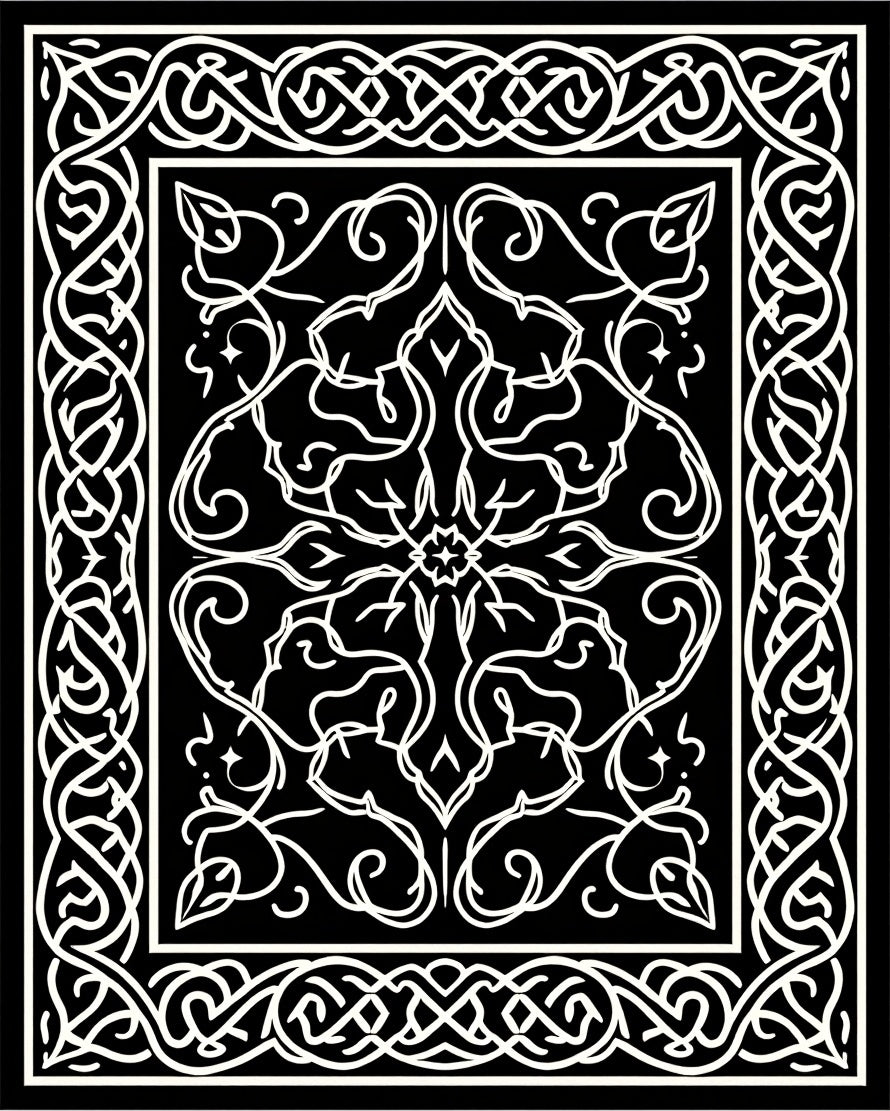 Black White Intricate Swirl Scroll Border Rug