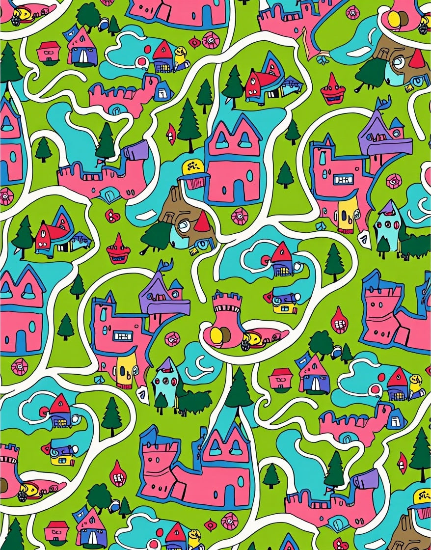 Whimsical Pink Castle Village Landscape Rug