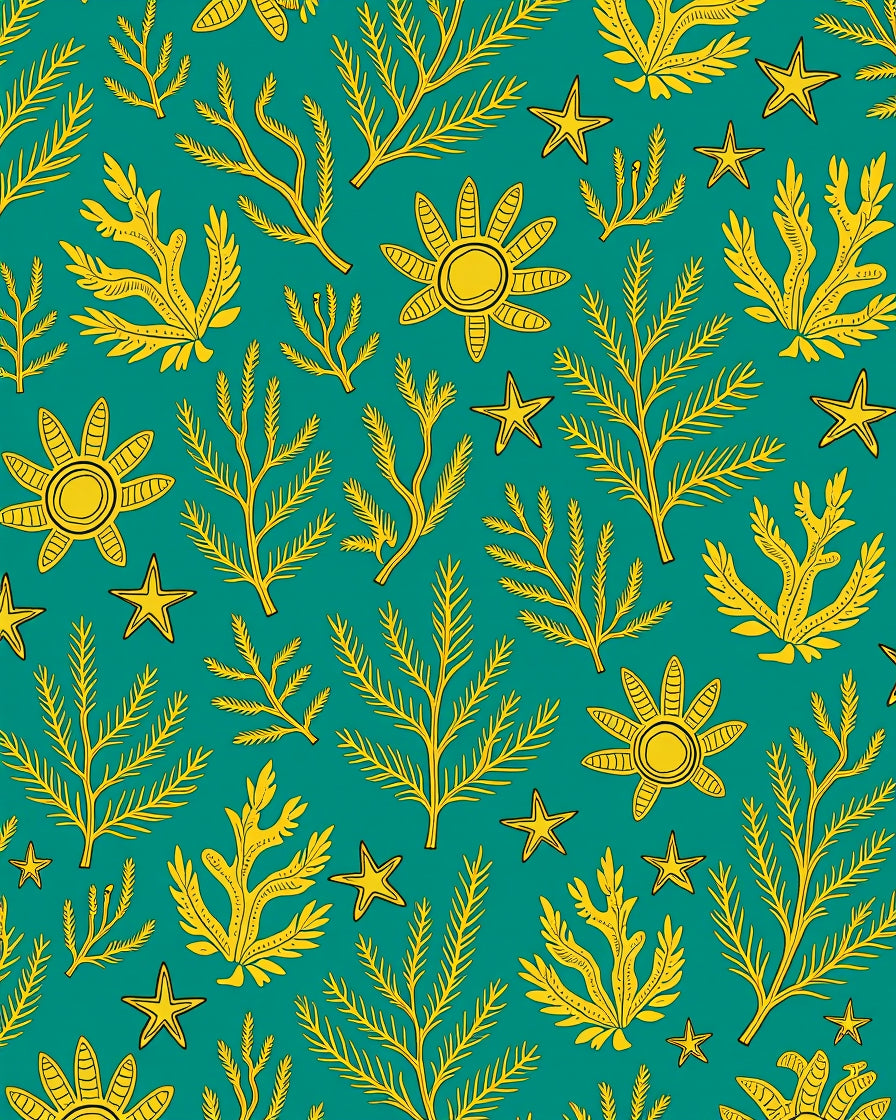 Teal Yellow Coral Starfish Illustration Rug