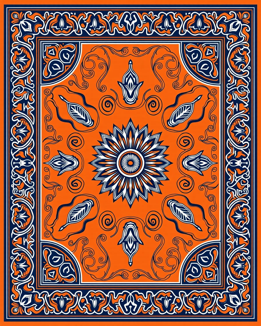 Vibrant Orange Navy Floral Border Rug
