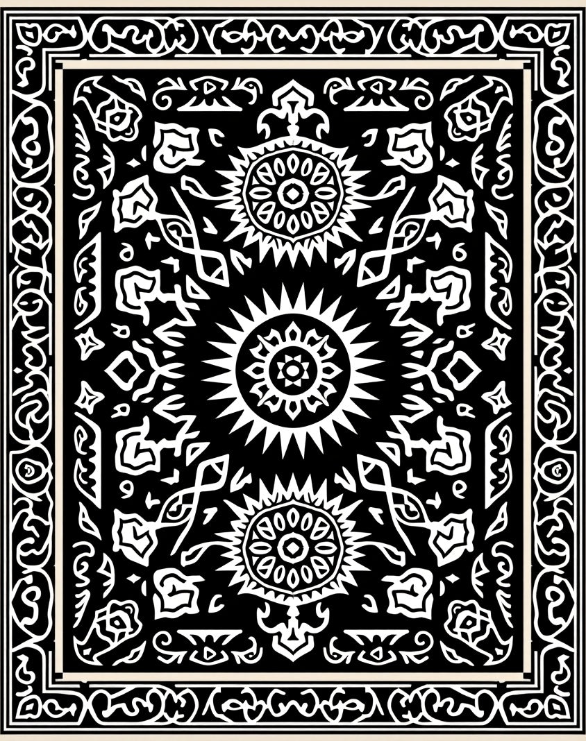 Black and White Sunburst Floral Medallion Rug