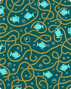 Teal Fish Nautical Rope Pattern Rug