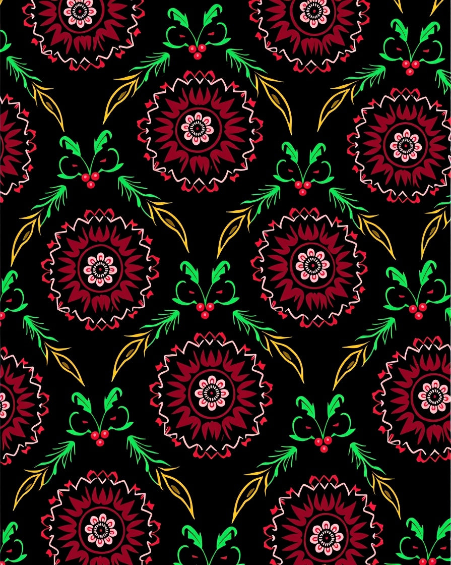 Crimson Floral Medallion Black Background Rug