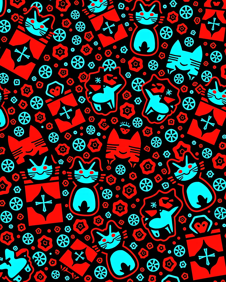 Red and Cyan Funky Cat Collage Rug