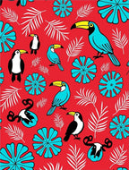 Tropical Toucan Blue Flower Red Whimsical Rug