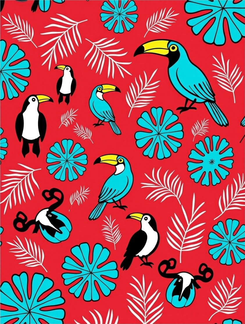 Tropical Toucan Blue Flower Red Whimsical Rug