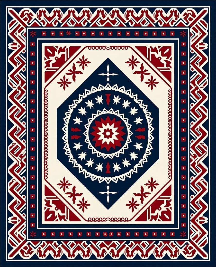 Crimson Navy Geometric Medallion Rug