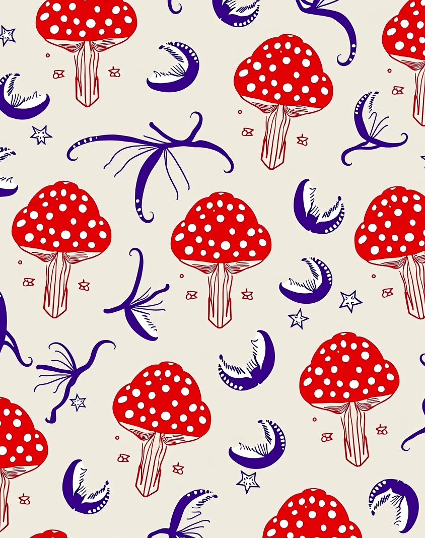 Red Mushroom Moon Stars Whimsical Rug