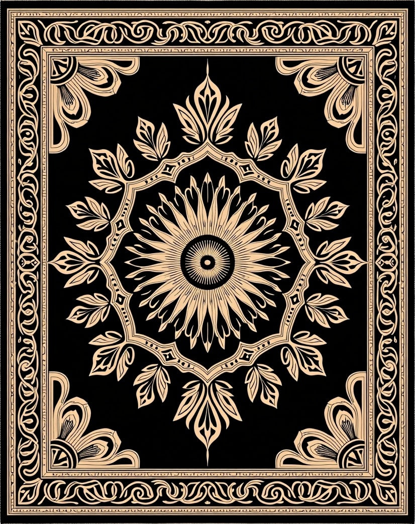 Black and Gold Sunburst Floral Medallion Rug