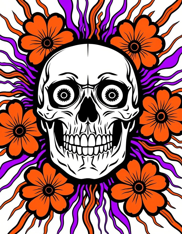 Orange Skull Burst Floral Rug
