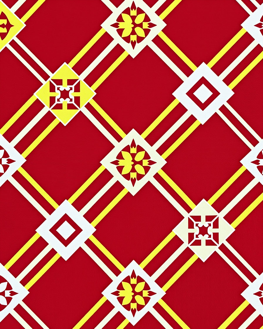 Bold Red Lattice Geometric Medallion Rug