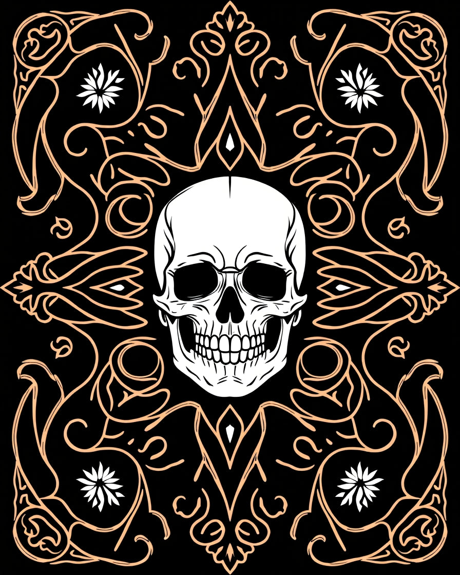 Ornate Skull With White Flowers Accent Rug