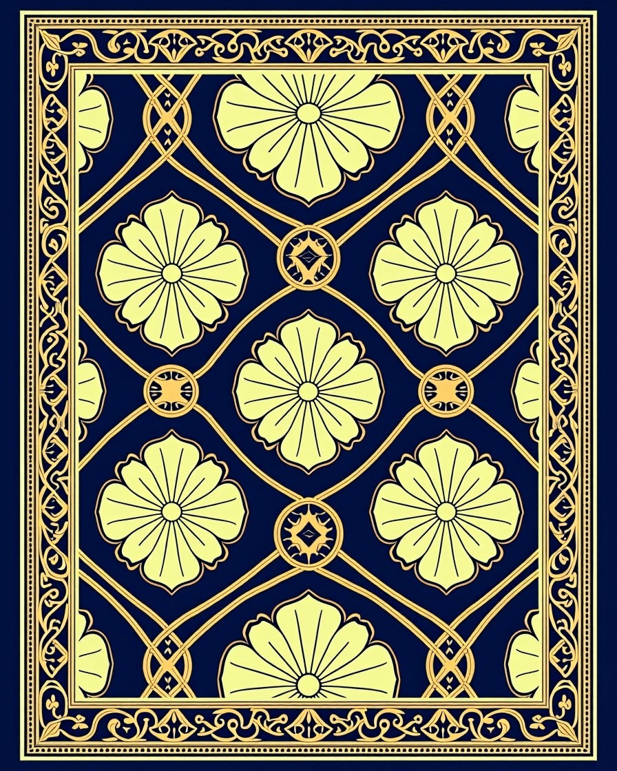 Navy Yellow Floral Medallion Lattice Rug