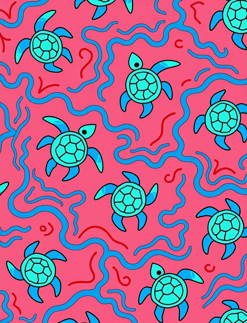 Whimsical Pink Blue Turtle Waves Rug