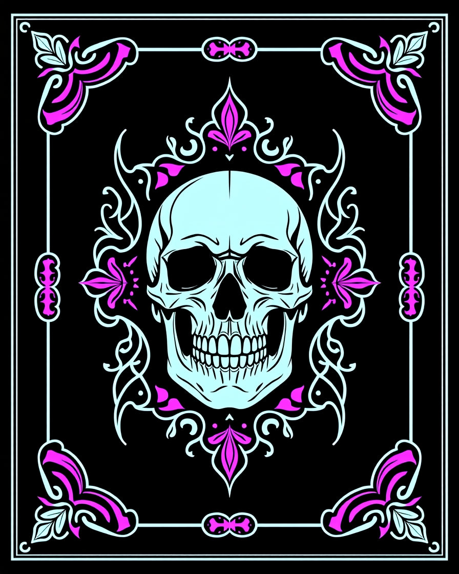Light Blue Skull Gothic Floral Frame Rug