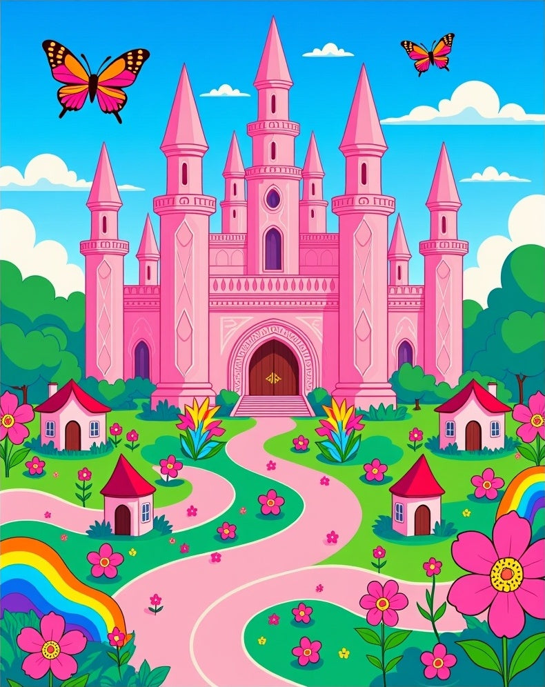 Pink Castle Butterflies Rainbow Flowers Rug