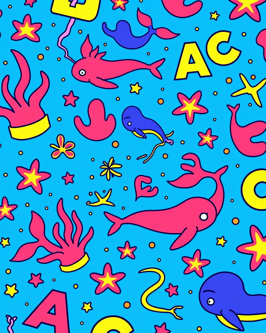 Whimsical Pink Blue Sea Life Alphabet Rug