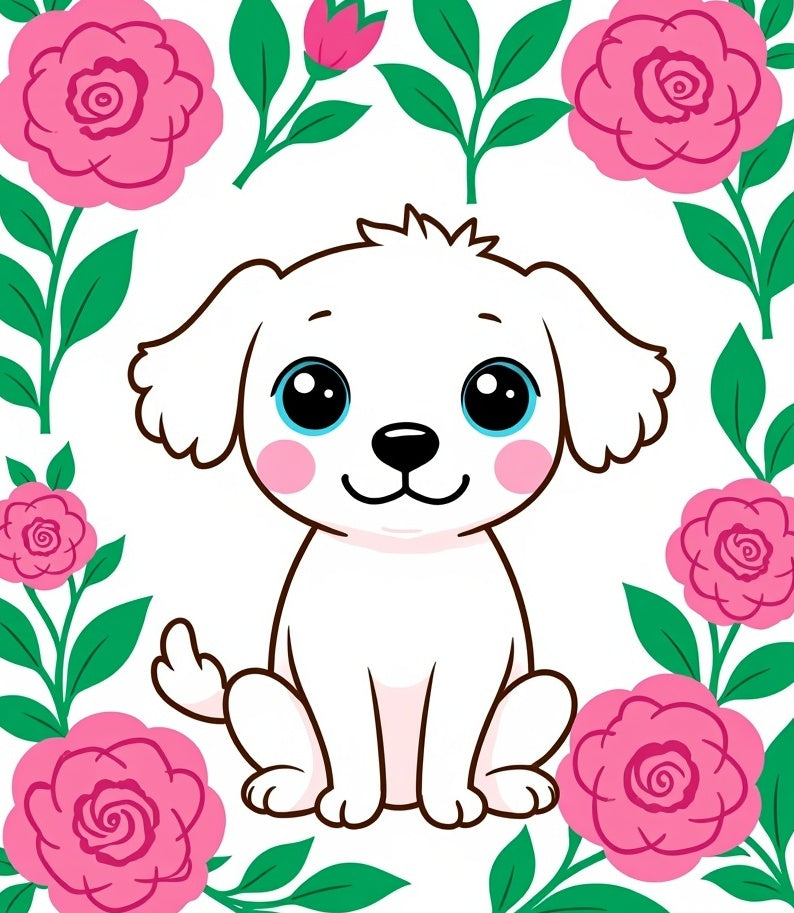 Sweet White Puppy Floral Garden Rug